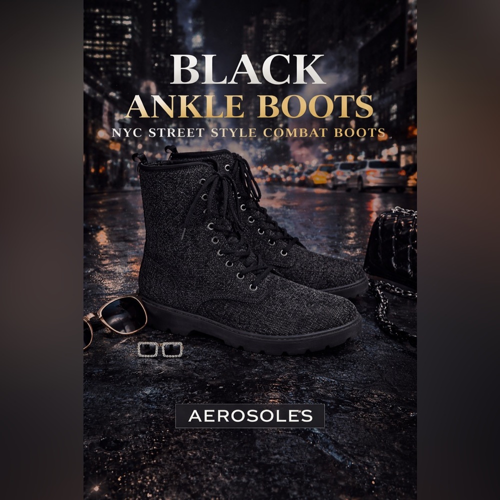 Aerosoles Steph Black Ankle Boots Lace-Up Fabric Combat Style 8.5M